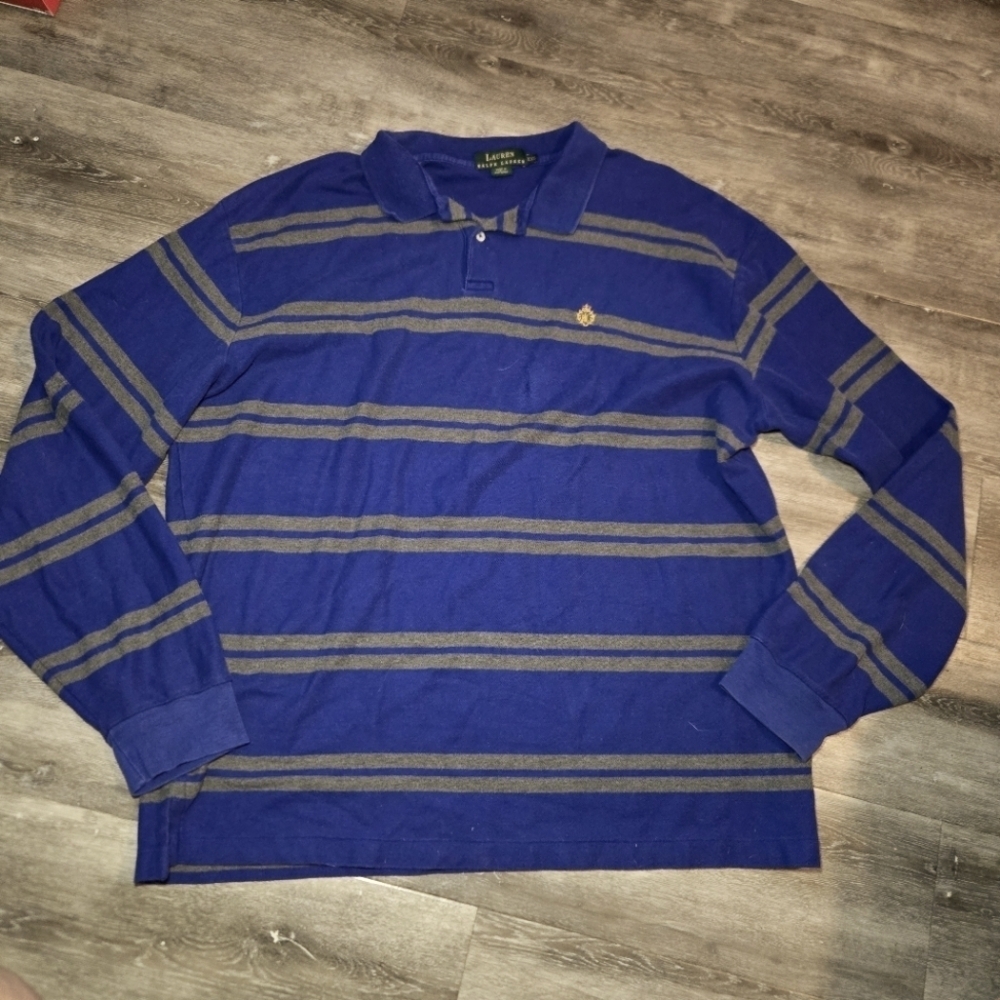 Vintage Lauren Ralph Lauren‎ Striped Purple/ Gray Polo Shirt Mens Size X…
